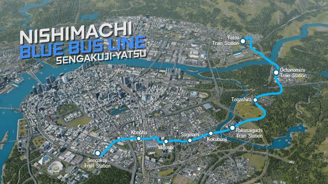 Blue Bus Line: Tour through Towns of Nishimachi - Cities Skylines [4K]